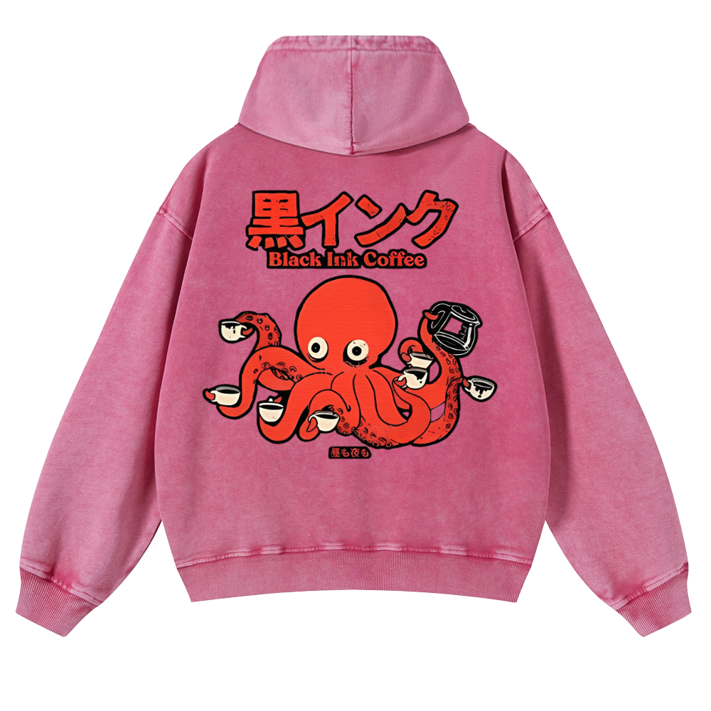 Black Ink Coffee Octopus Vintage Washed Cotton Back Art Hoodie