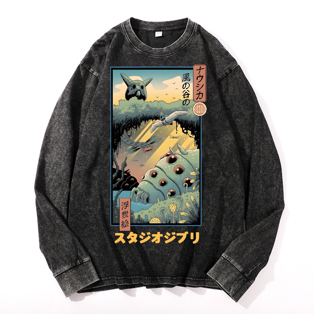 Ghibl iNausicaä of the Valley of the Wind  Anime Vintage Cotton Wash Crewneck Long-Sleeve T-Shirt