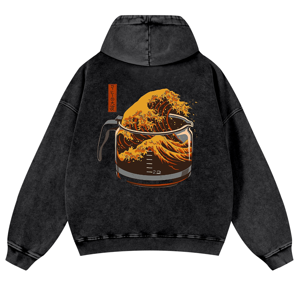 Coffee Wave Ukiyoe Vintage Washed Cotton Back Art Hoodie