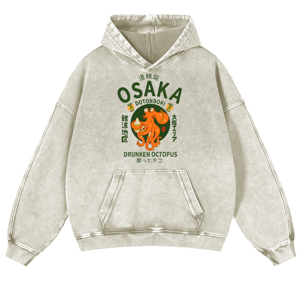 Osaka Dotonbori Drunken Octopus Vintage Washed Thick Cotton Hoodie