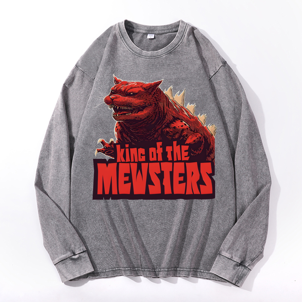 Catzilla Cat Kaiju Vintage Cotton Wash Crewneck Long-Sleeve T-Shirt