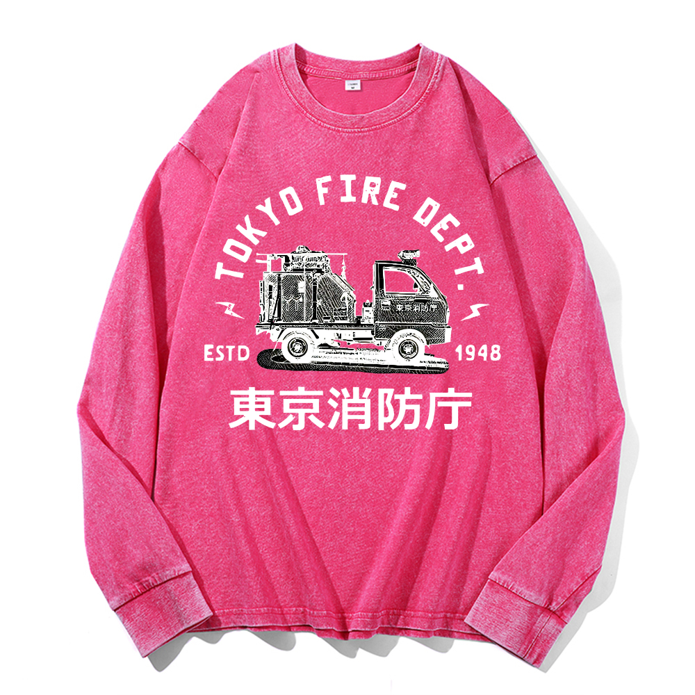 Mini Fire Truck Vintage Cotton Wash Long-sleeve T-shirt