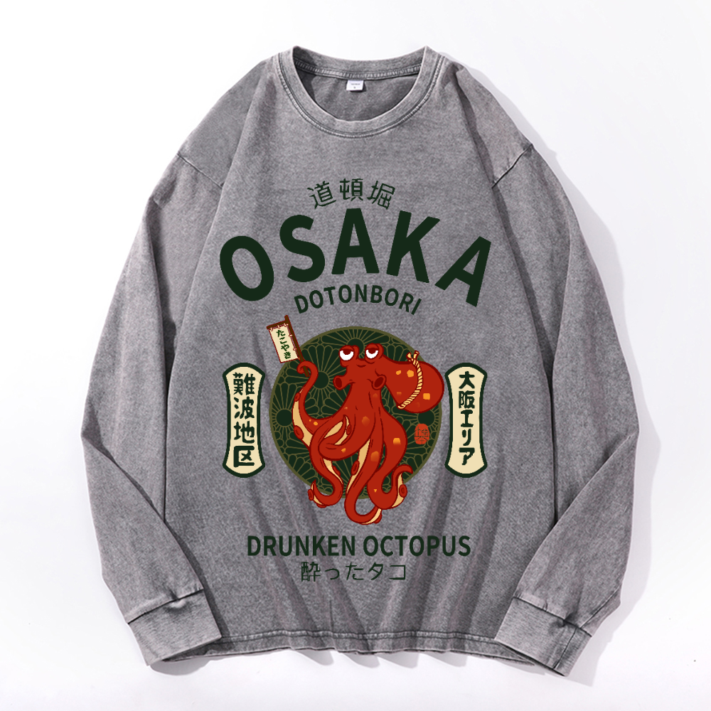 Osaka Dotonbori Drunken Octopus Vintage Cotton Wash Crewneck Long-Sleeve T-Shirt