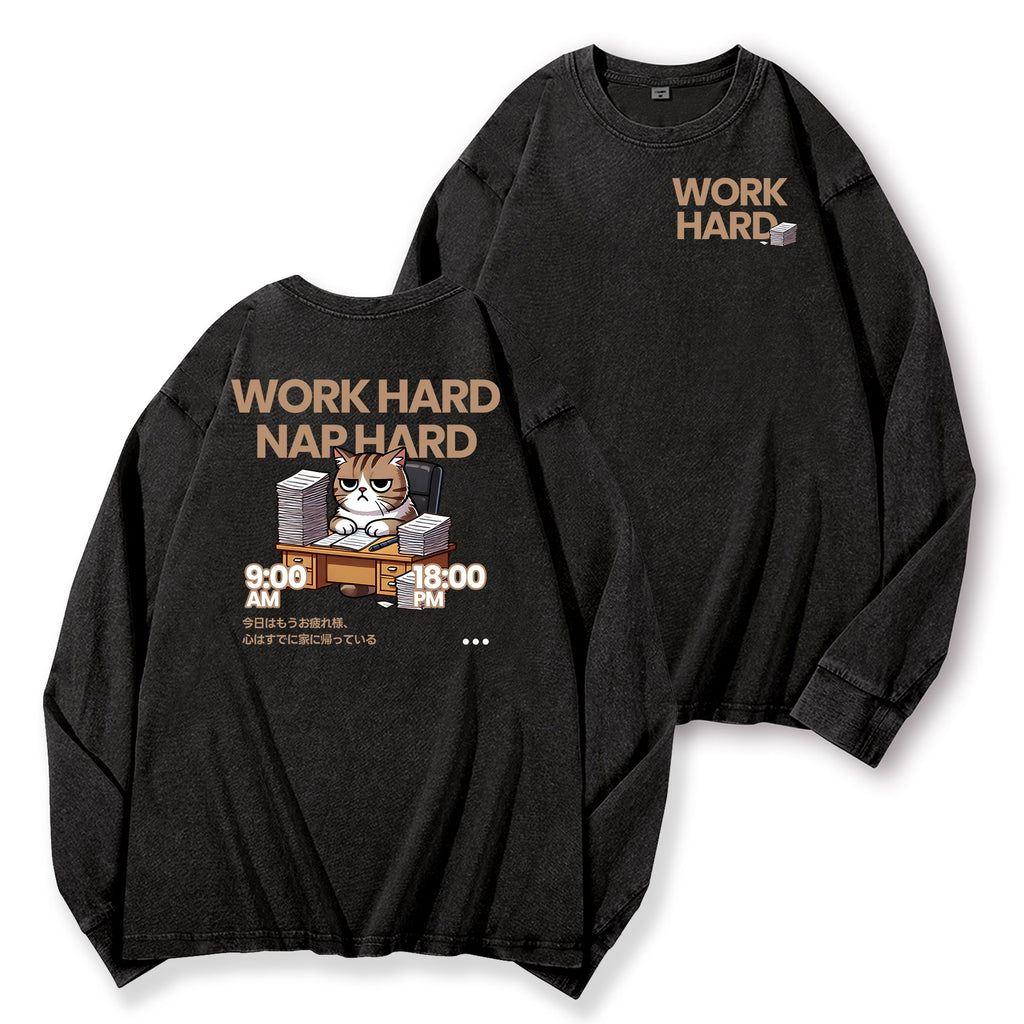Cat Vintage Washed Cotton Back Art Long-sleeve T-shirt