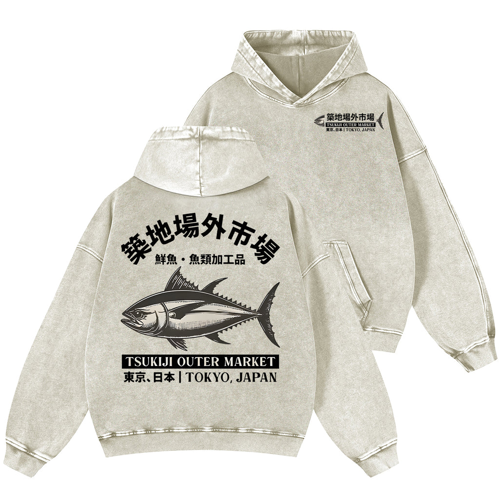 Tsukiji Market Tuna Fish Vintage Washed Cotton Back Art Hoodie