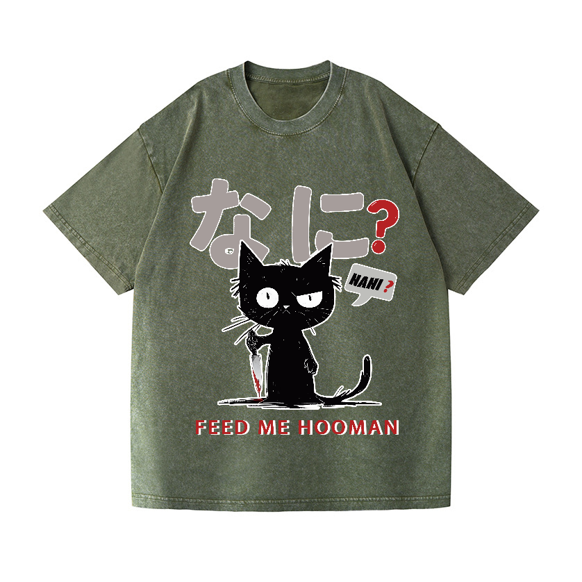 Cat Feed Me Vintage Wash Japanese Design T-Shirt