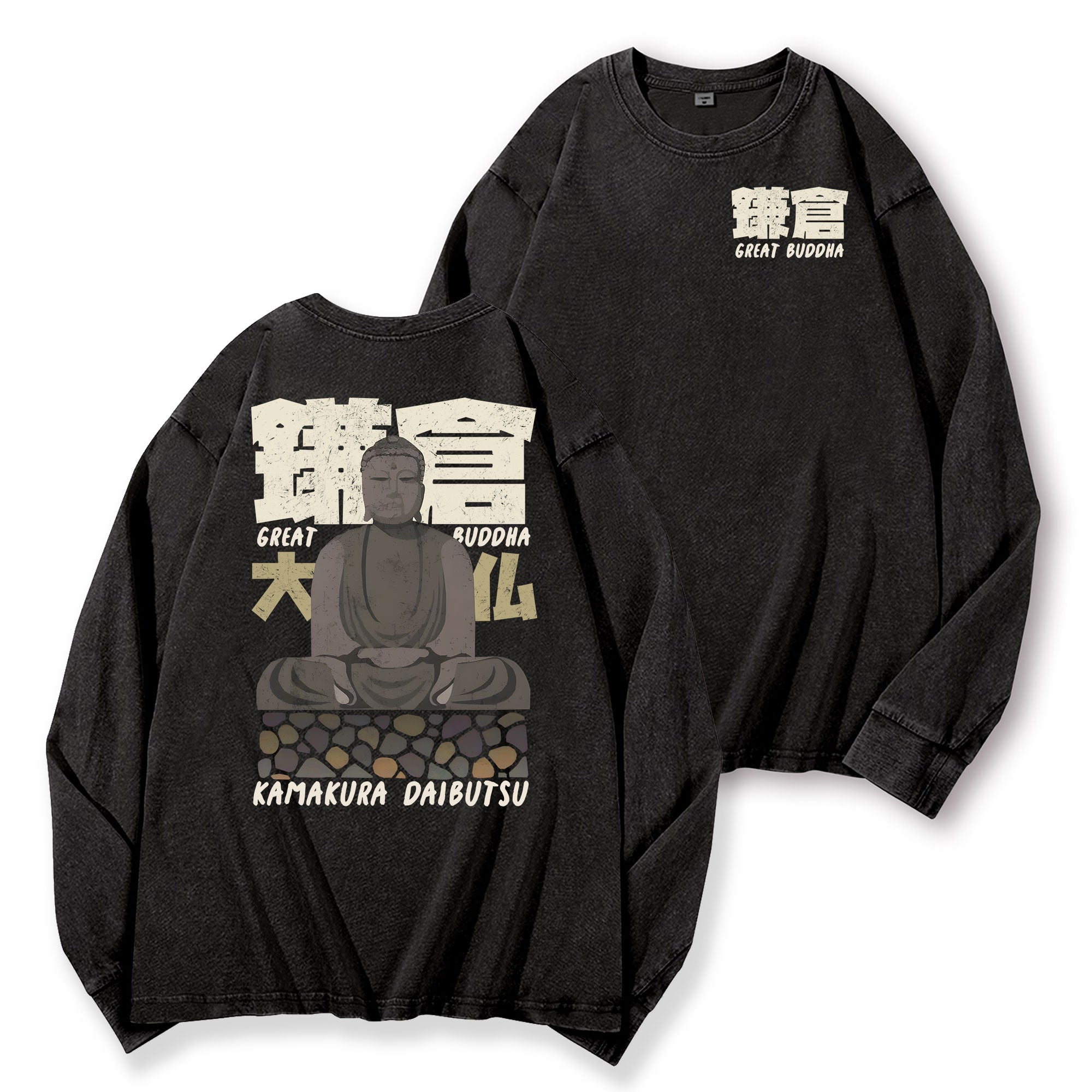 Buddhism Kamakura Daibutsu Great Buddha Vintage Washed Cotton Back Art Long-sleeve T-shirt