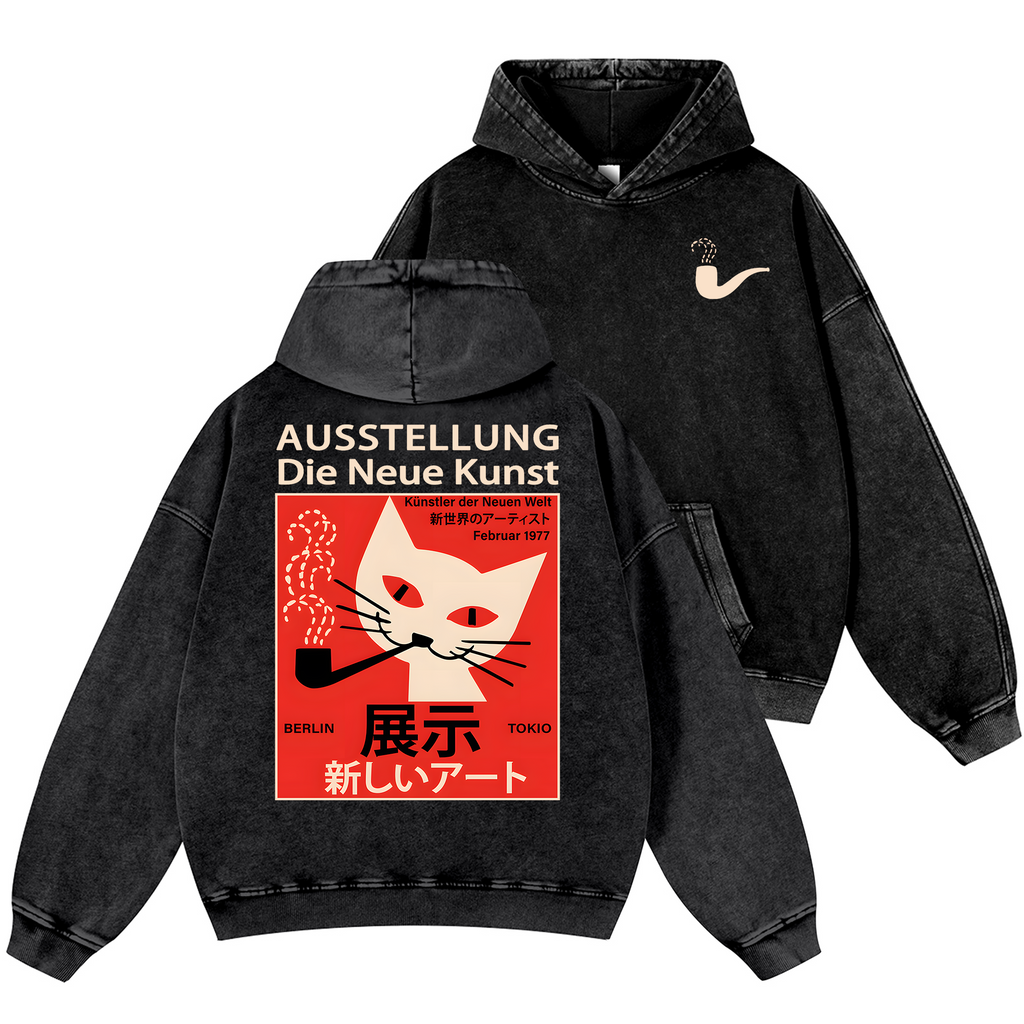 Cat Vintage Washed Cotton Back Art Hoodie