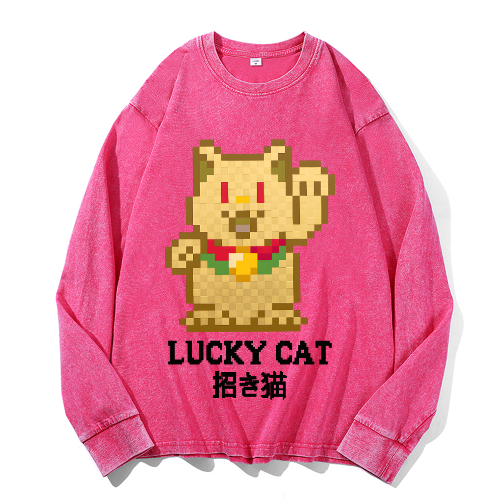 Mosaic Lucky Cat Vintage Cotton Wash Long-sleeve T-shirt