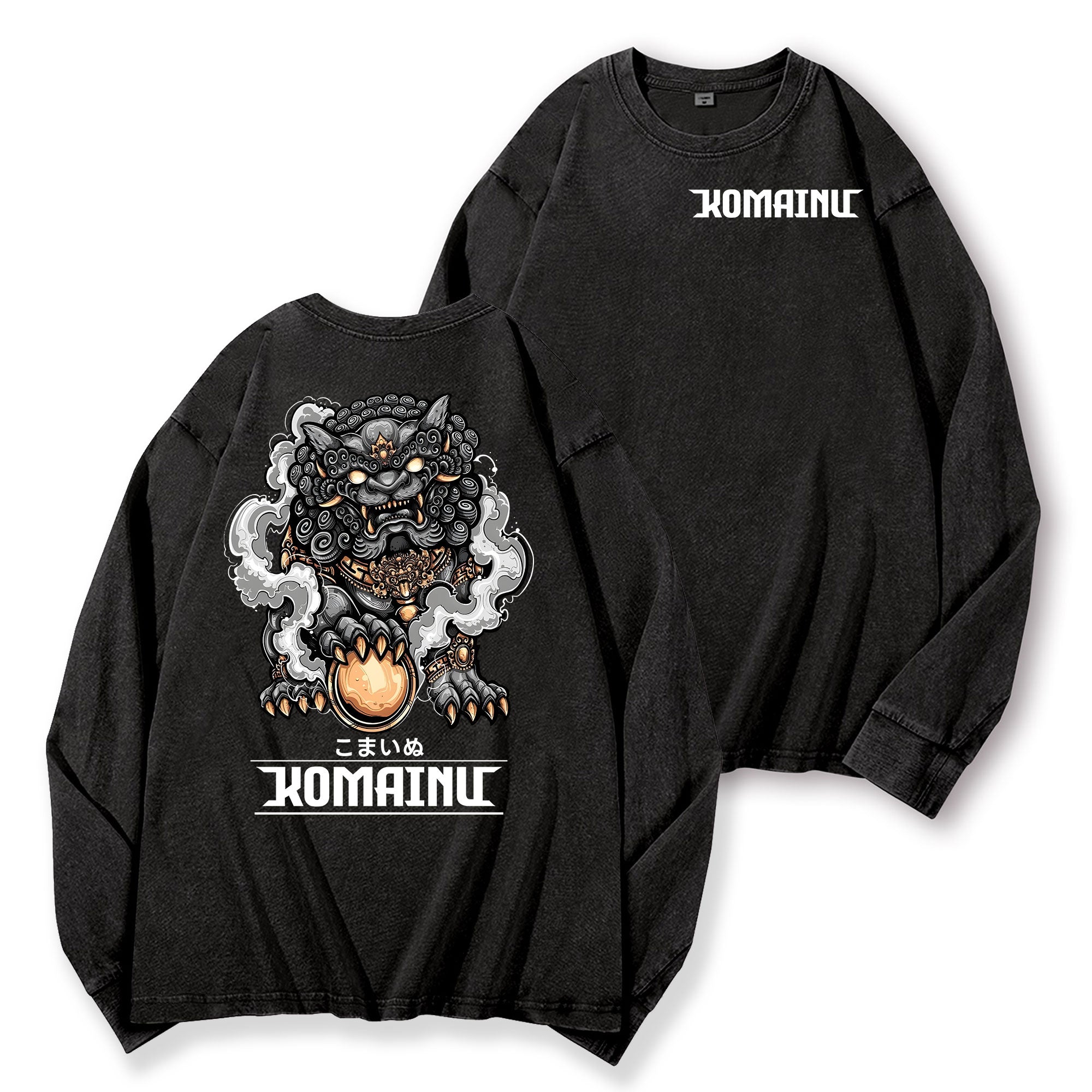 Komainu Vintage Washed Cotton Back Art Long-sleeve T-shirt