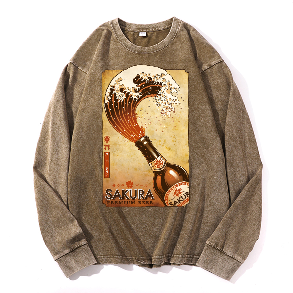 Sakura Wave Vintage Cotton Wash Crewneck Long-Sleeve T-Shirt