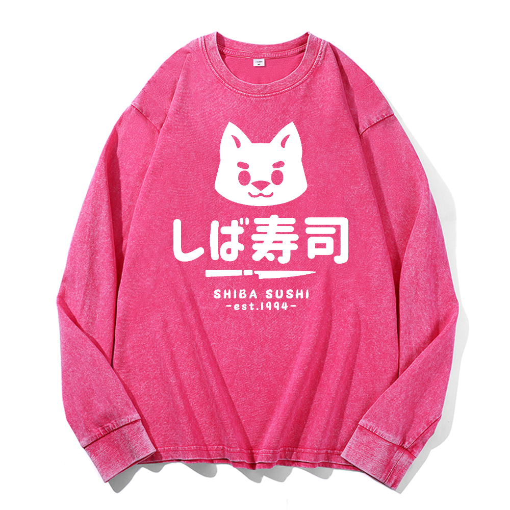 Shiba Sushi Vintage Cotton Wash Crewneck Long-Sleeve T-Shirt