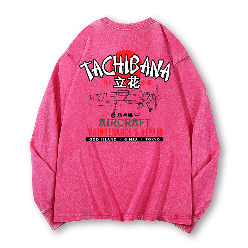 Tachibana Aircraft Vintage Washed Cotton Back Art Long-sleeve T-shirt