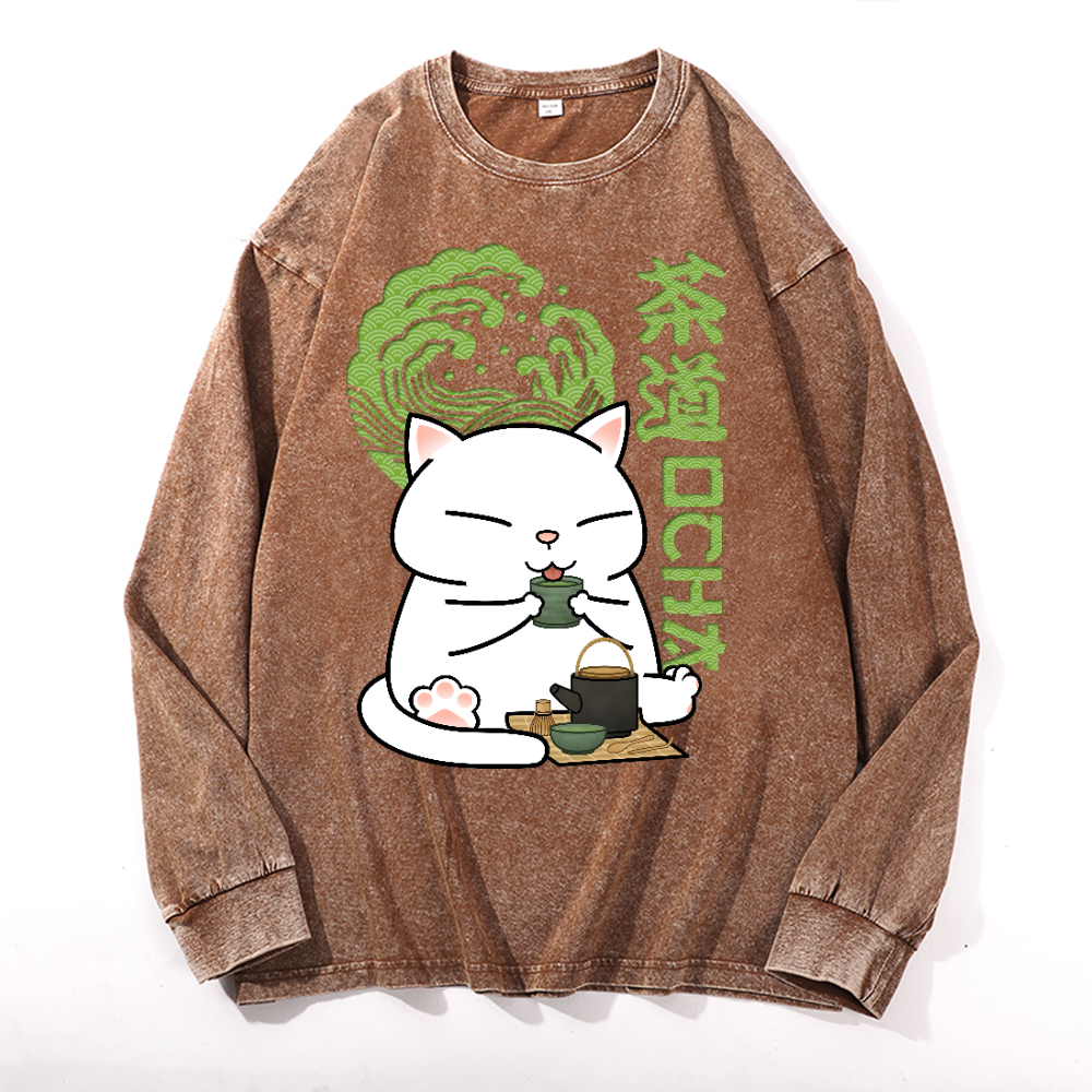 Cat tea Vintage Cotton Wash Crewneck Long-Sleeve T-Shirt