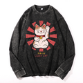 Lucky Cat Vintage Cotton Wash Crewneck Long-Sleeve T-Shirt