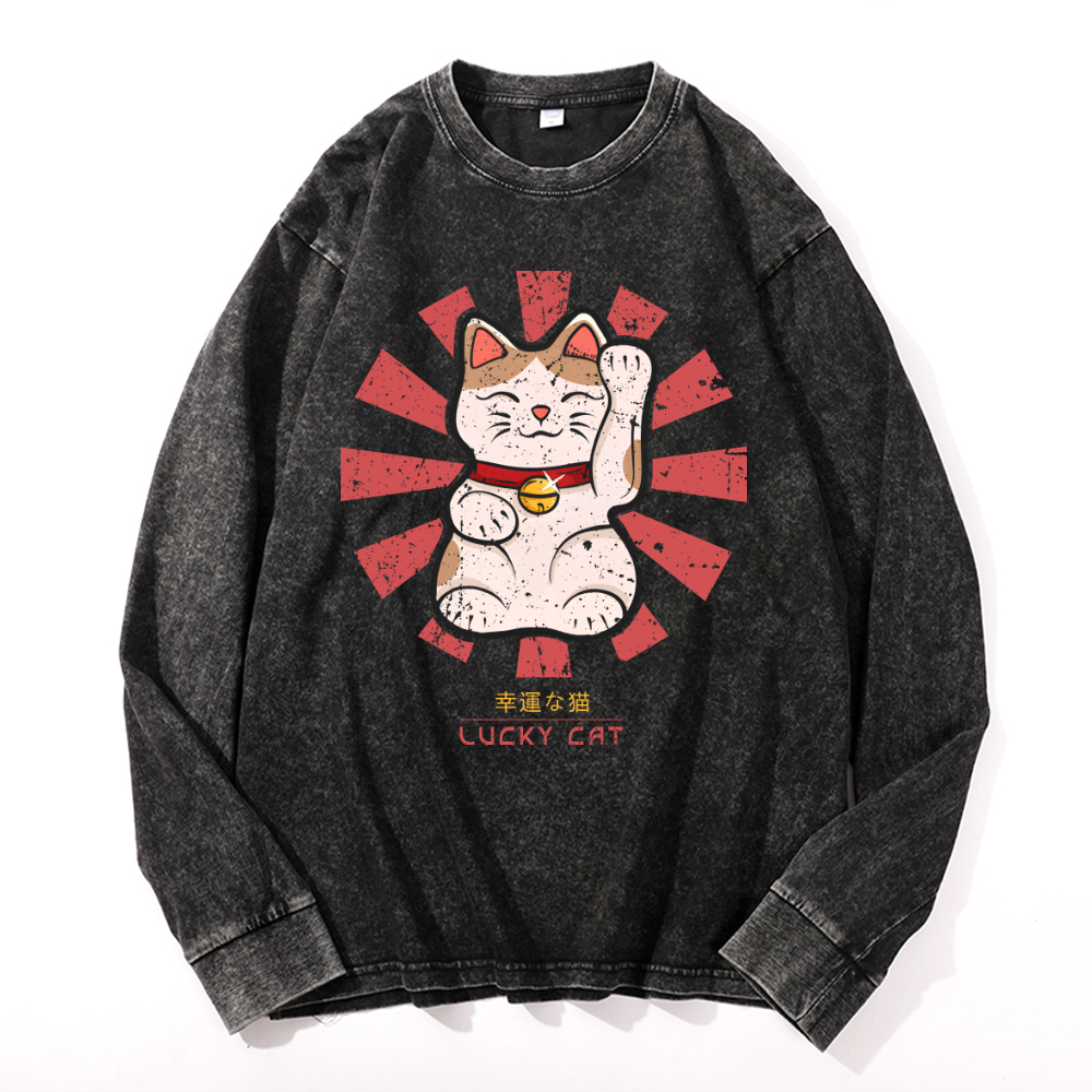 Lucky Cat Vintage Cotton Wash Crewneck Long-Sleeve T-Shirt
