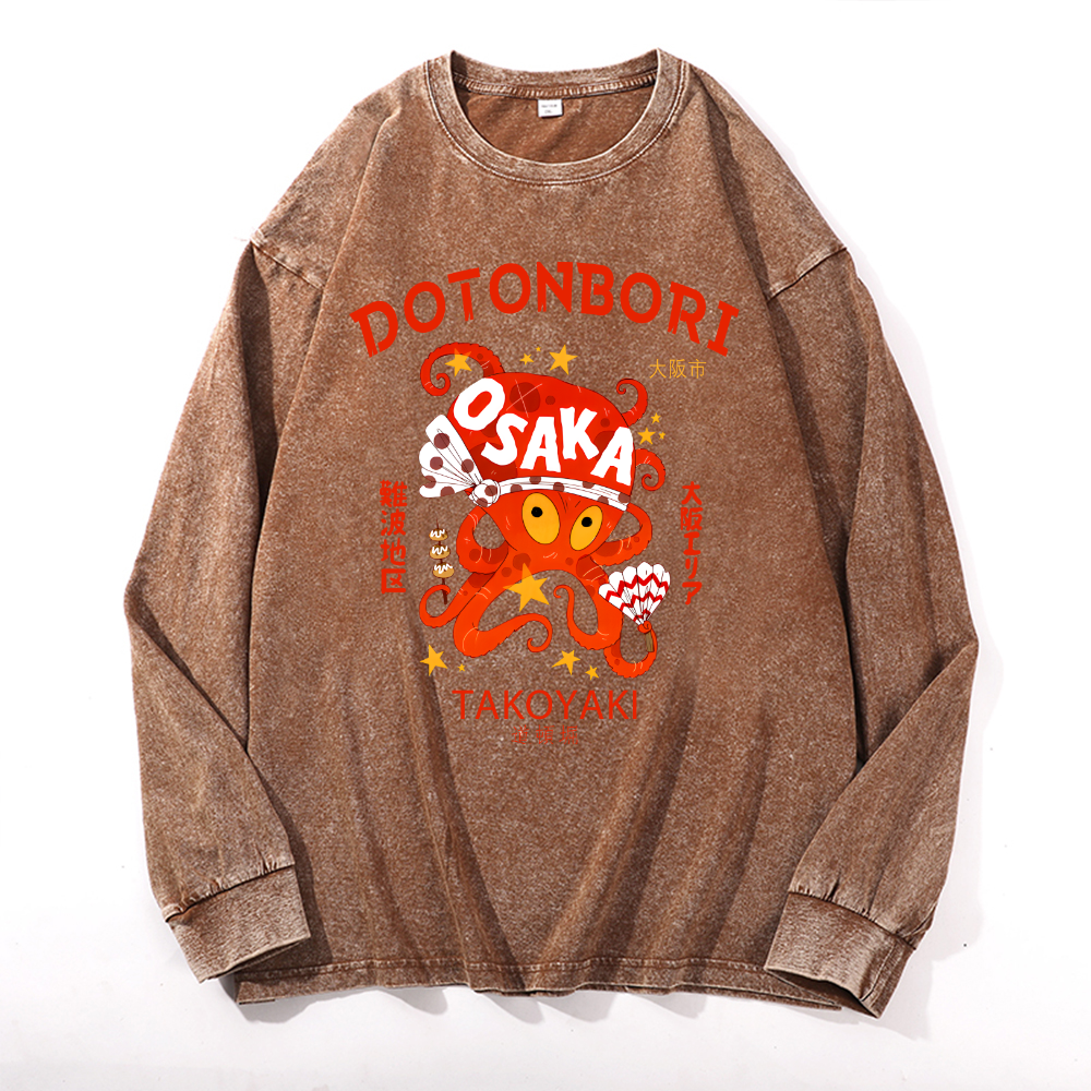 Dotonbori Takoyaki Vintage Cotton Wash Crewneck Long-Sleeve T-Shirt