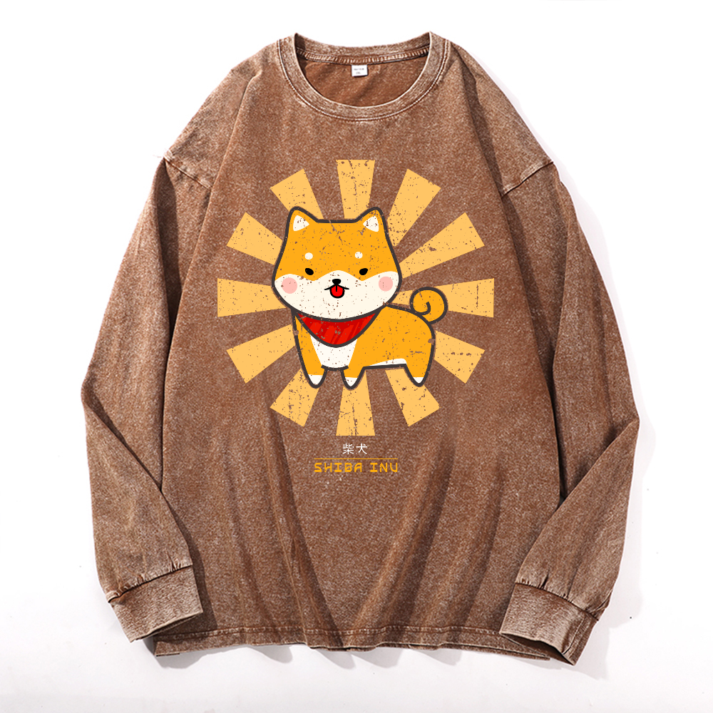 Shiba Inu Vintage Cotton Wash Crewneck Long-Sleeve T-Shirt