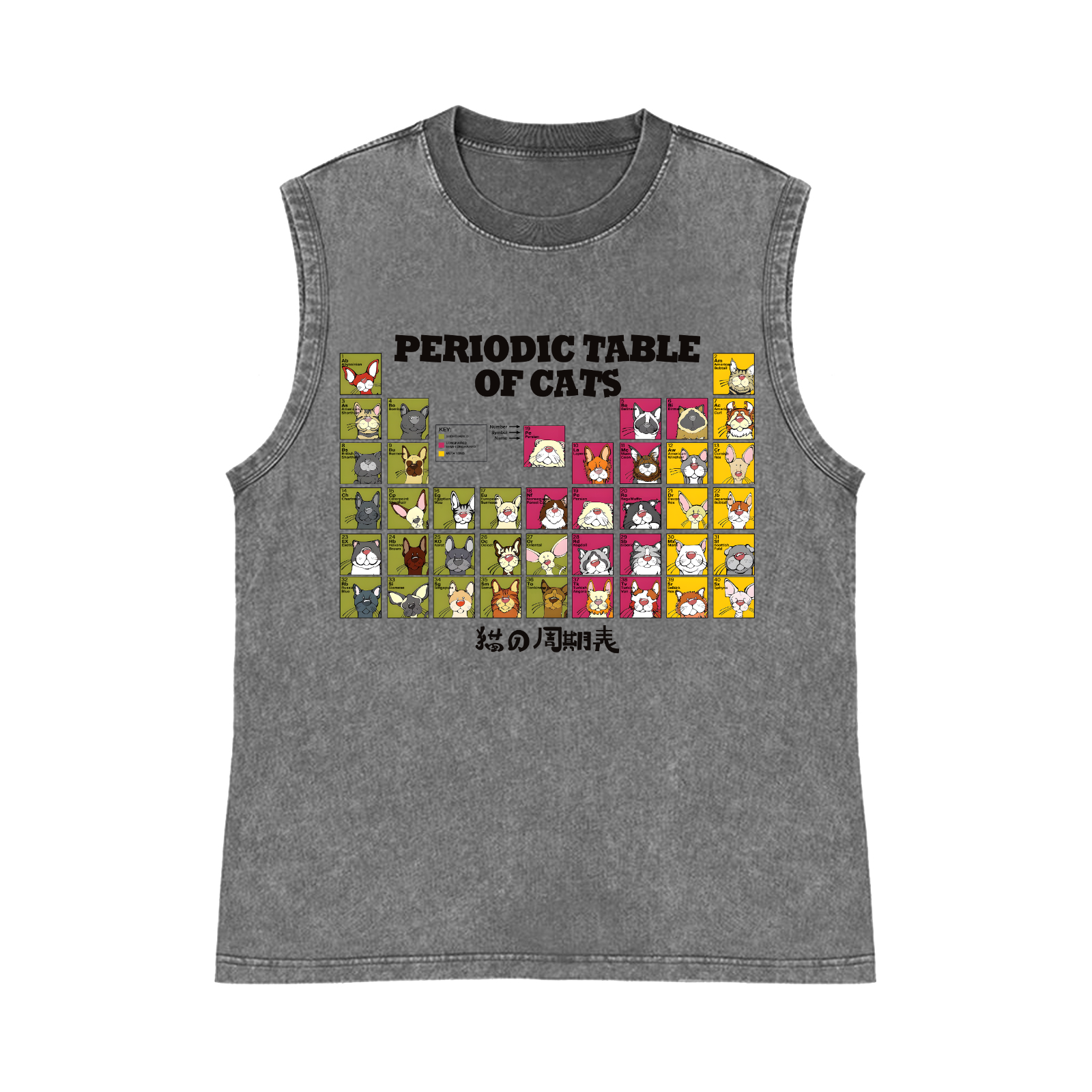 Periodic Table of Cats Pure Cotton Wash-Dyed Sleeveless Tank Top