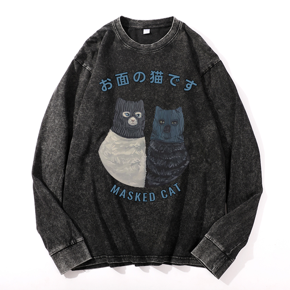 Masked Cat Vintage Cotton Wash Crewneck Long-Sleeve T-Shirt