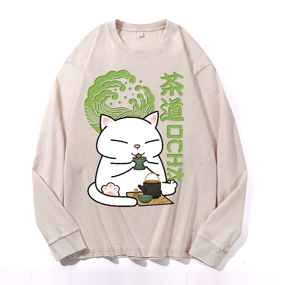 Cat tea Vintage Cotton Wash Crewneck Long-Sleeve T-Shirt