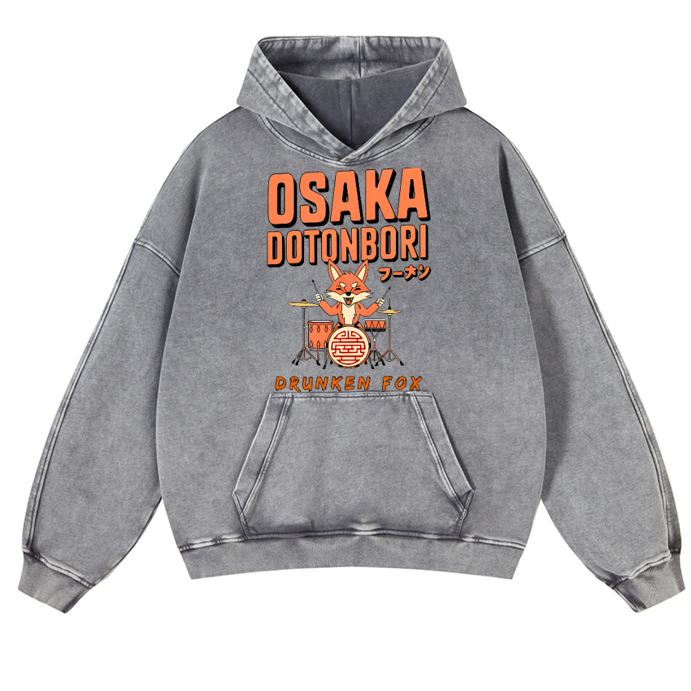 Osaka Dotonbori Drunken Fox Vintage Washed Thick Cotton Hoodie