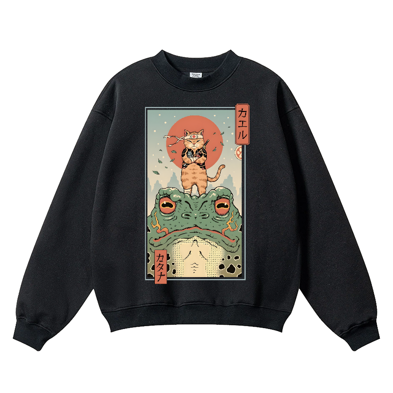 Cat Ninja Frog Vintage Cotton Blend Crewneck Sweatshirt