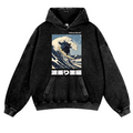 Black Cat Great Wave Vintage Washed Thick Cotton Hoodie