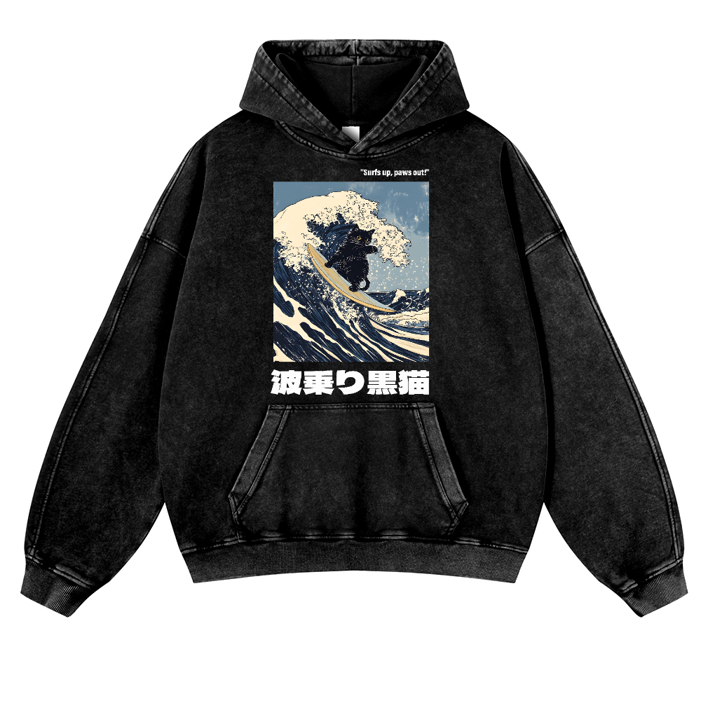 Black Cat Great Wave Vintage Washed Thick Cotton Hoodie