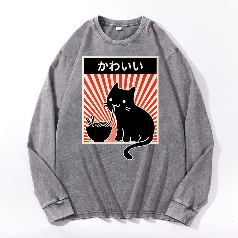 Cat Vintage Cotton Wash Crewneck Long-Sleeve T-Shirt