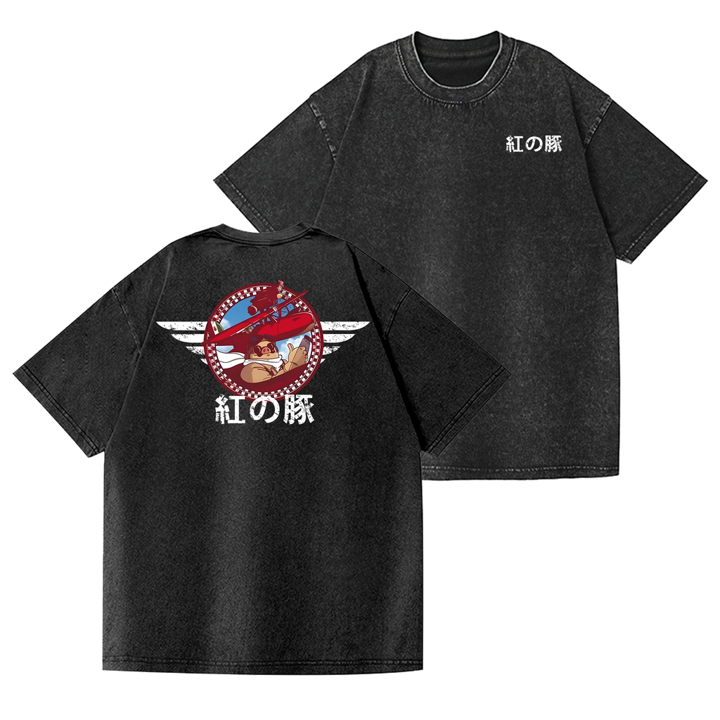 Ghibli Porco Vintage Wash Japanese Design Back Art T-Shirt
