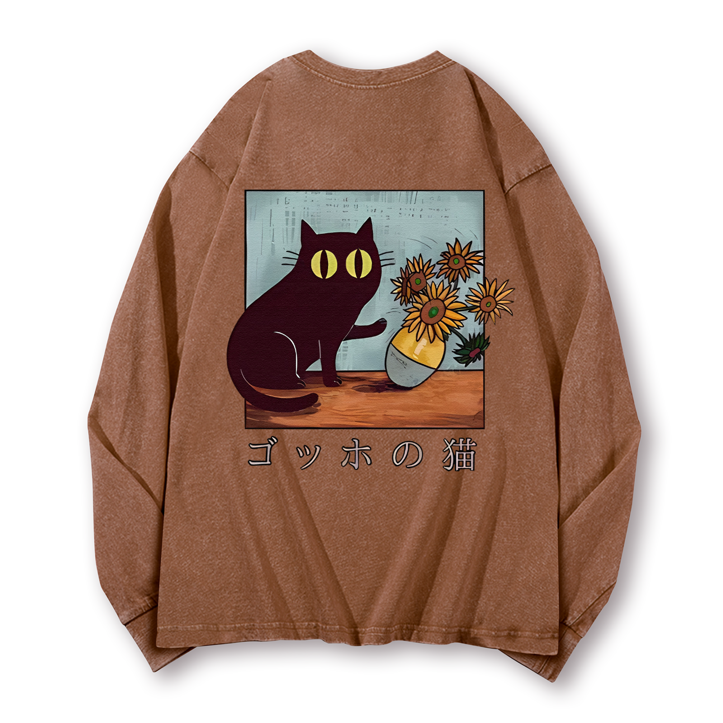 Cat Vintage Washed Cotton Back Art Long-sleeve T-shirt