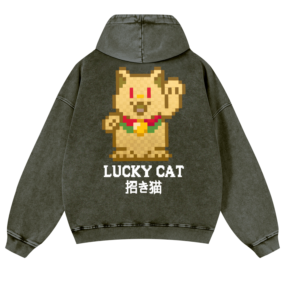 Mosaic Lucky Cat Vintage Washed Cotton Back Art Hoodie