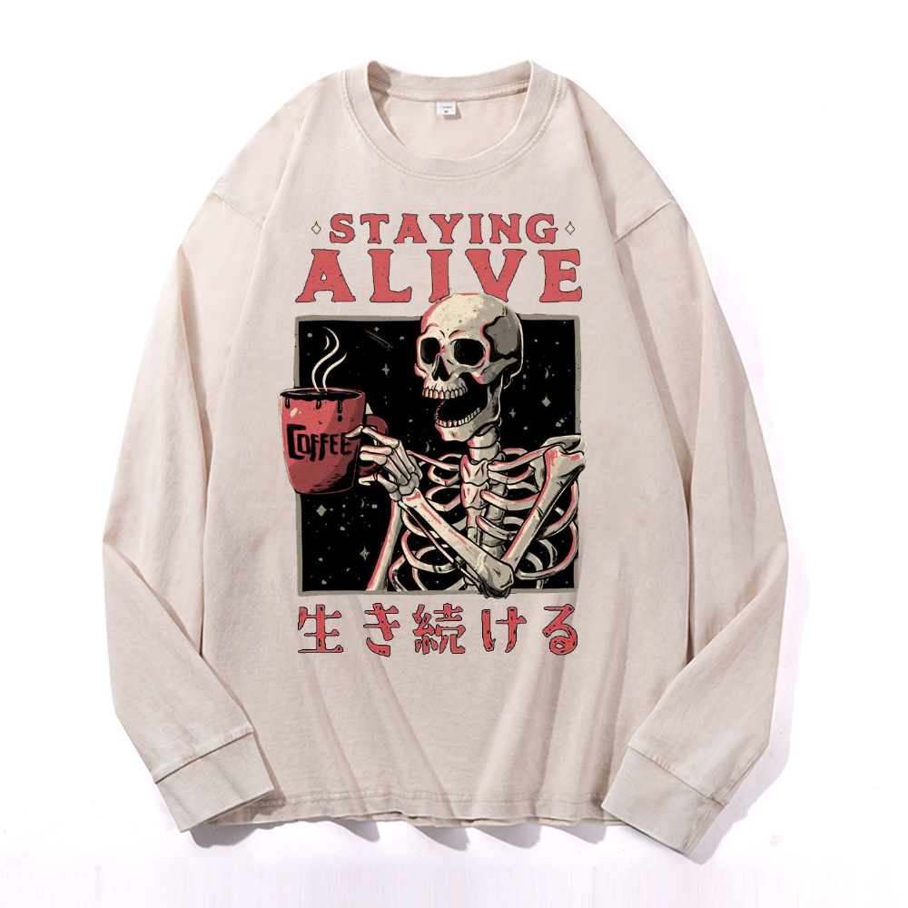 Staying Alive Vintage Cotton Wash Crewneck Long-Sleeve T-Shirt