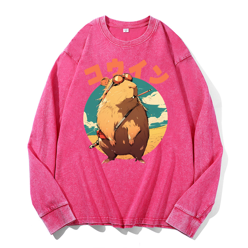 Capybara Vintage Cotton Wash Crewneck Long-Sleeve T-Shirt