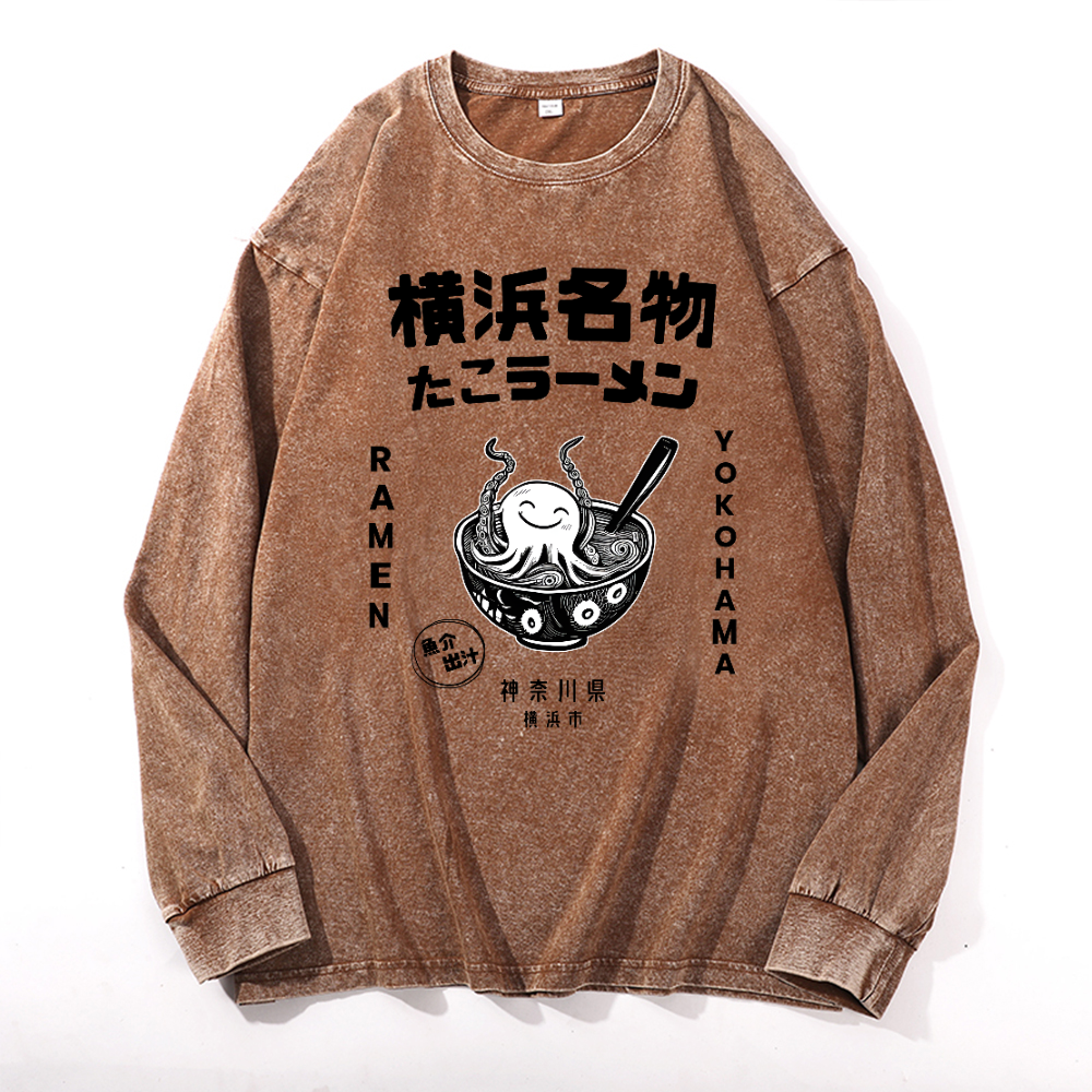 Yokohama Ramen Octopus Vintage Cotton Wash Crewneck Long-Sleeve T-Shirt