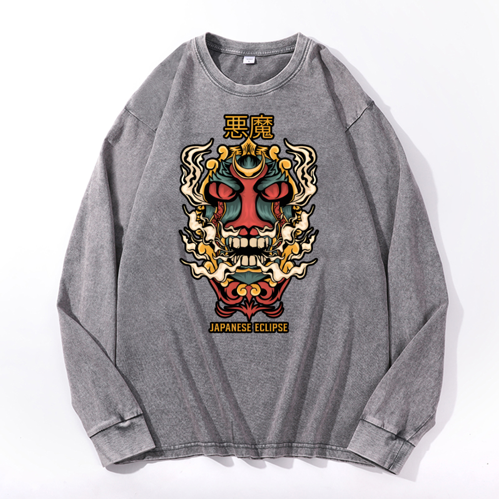 Japanese Eclipse Vintage Cotton Wash Crewneck Long-Sleeve T-Shirt
