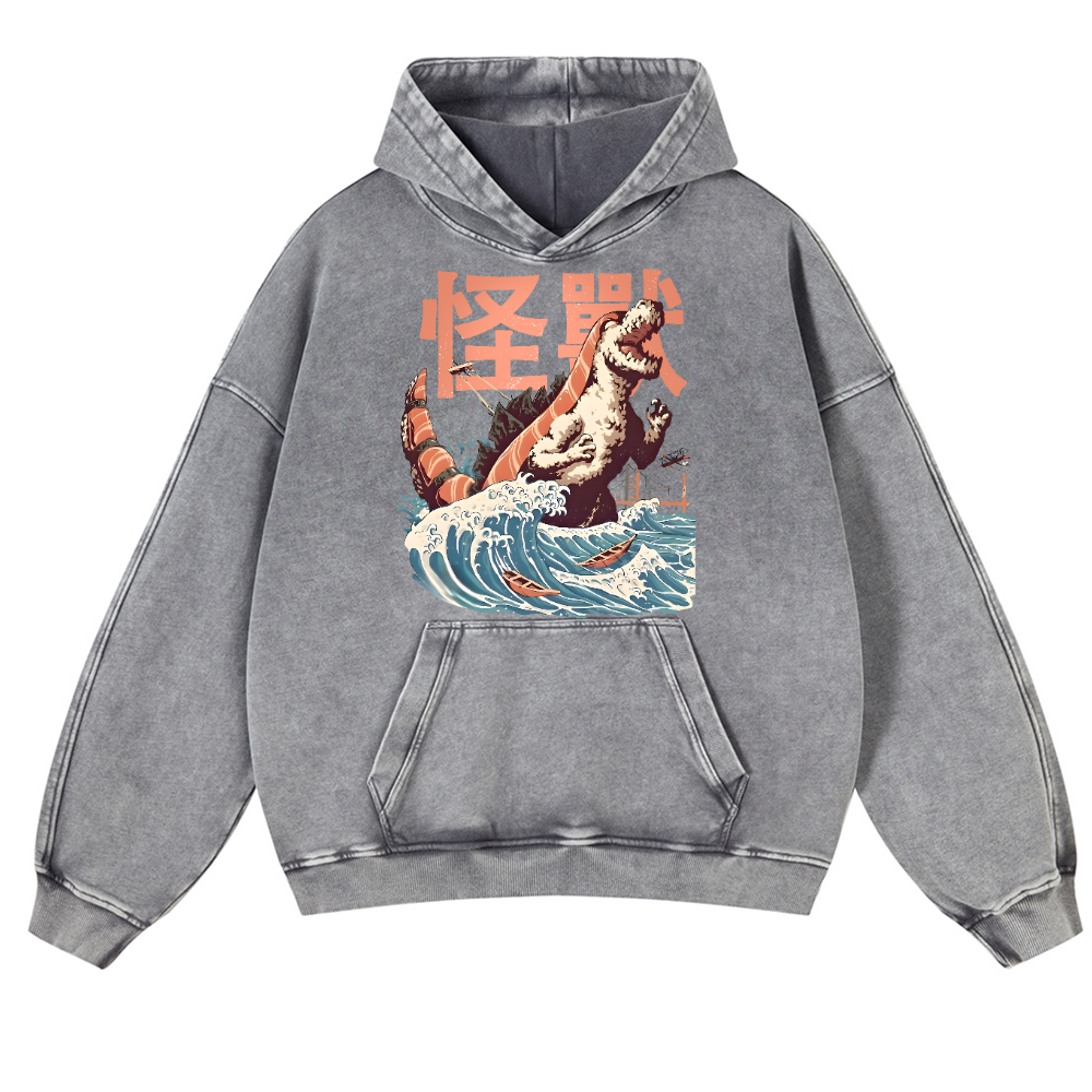 Kaiju Sushi Monster Wave Vintage Washed Thick Cotton Hoodie