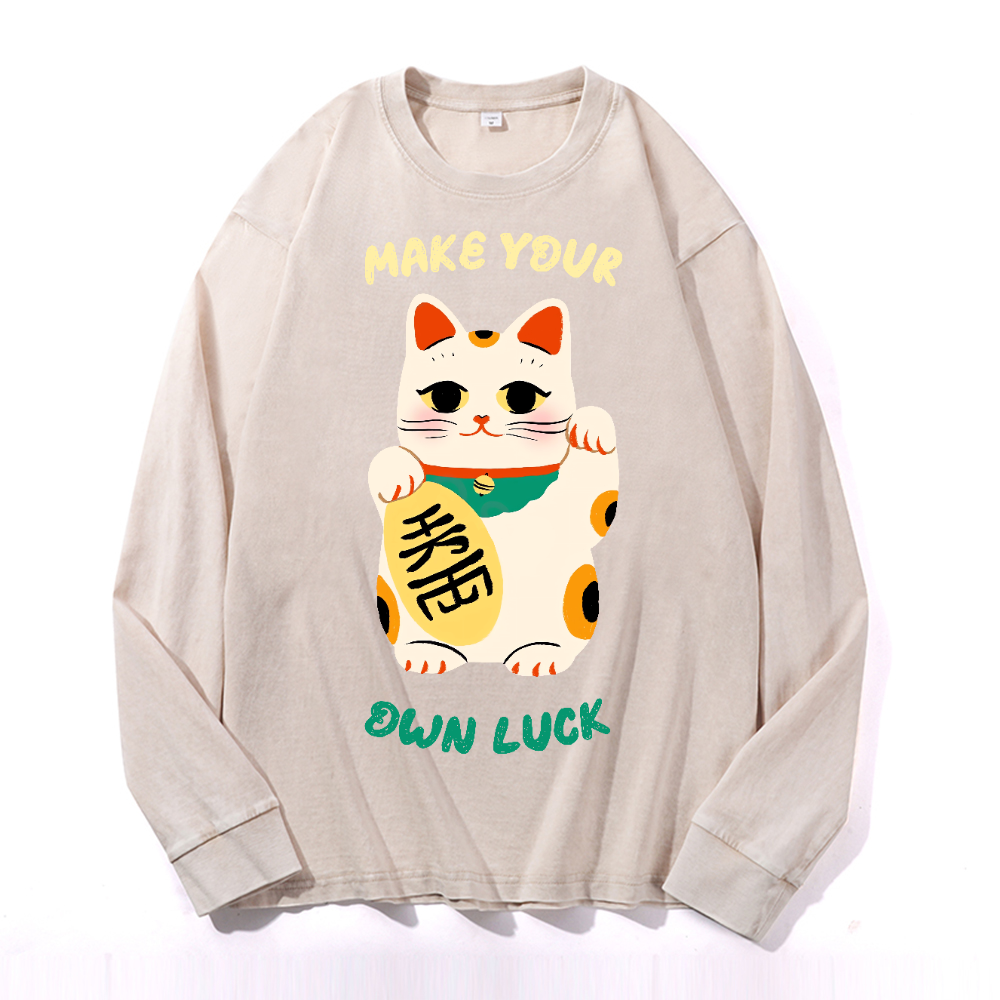 Lucky Cat Vintage Cotton Wash Crewneck Long-Sleeve T-Shirt