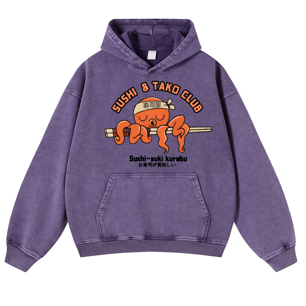 Sushi and Tako Octopus Vintage Washed Thick Cotton Hoodie