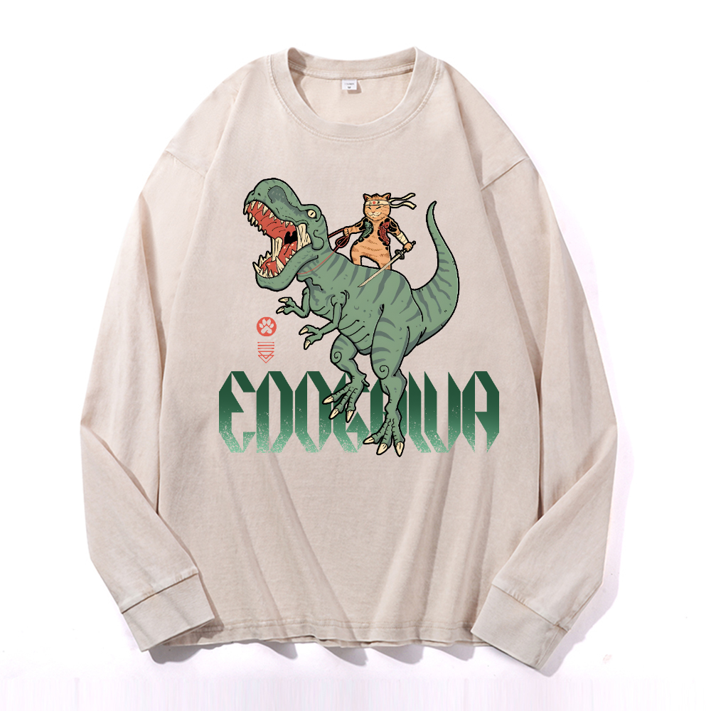 Cat T-Rex Vintage Cotton Wash Crewneck Long-Sleeve T-Shirt