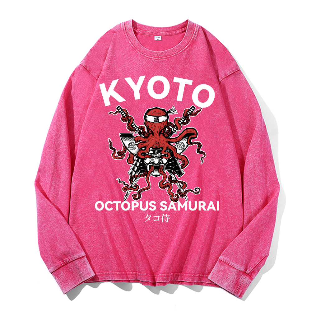 Kyoto Octopus Samurai Vintage Cotton Wash Long-sleeve T-shirt