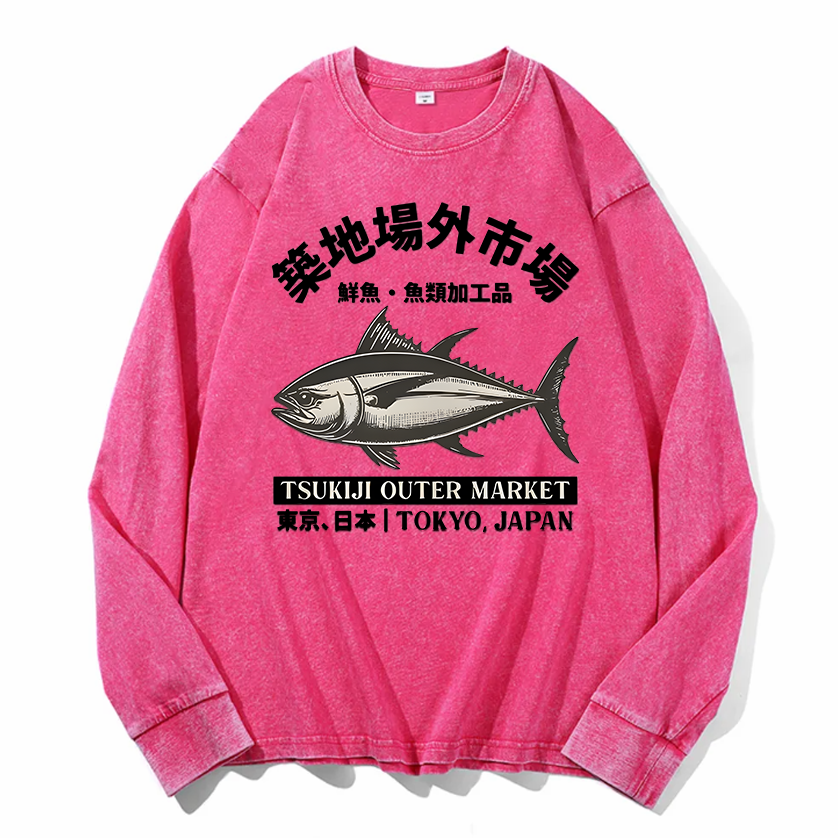 Tsukiji Outer Market Vintage Cotton Wash Crewneck Long-Sleeve T-Shirt