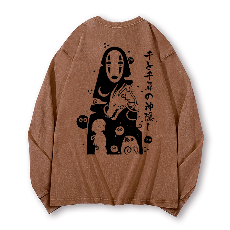 Ghibli No Face Kaonashi Vintage Washed Cotton Back Art Long-sleeve T-shirt