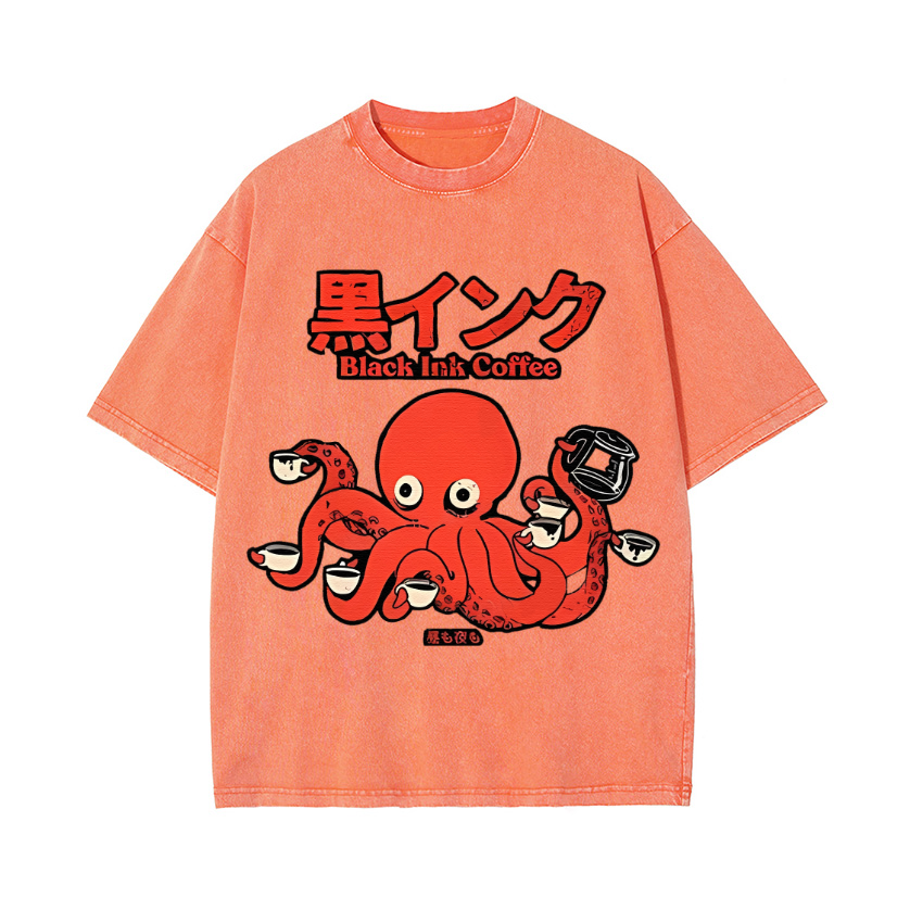 Octopus Coffee Vintage Wash Japanese Design T-Shirt