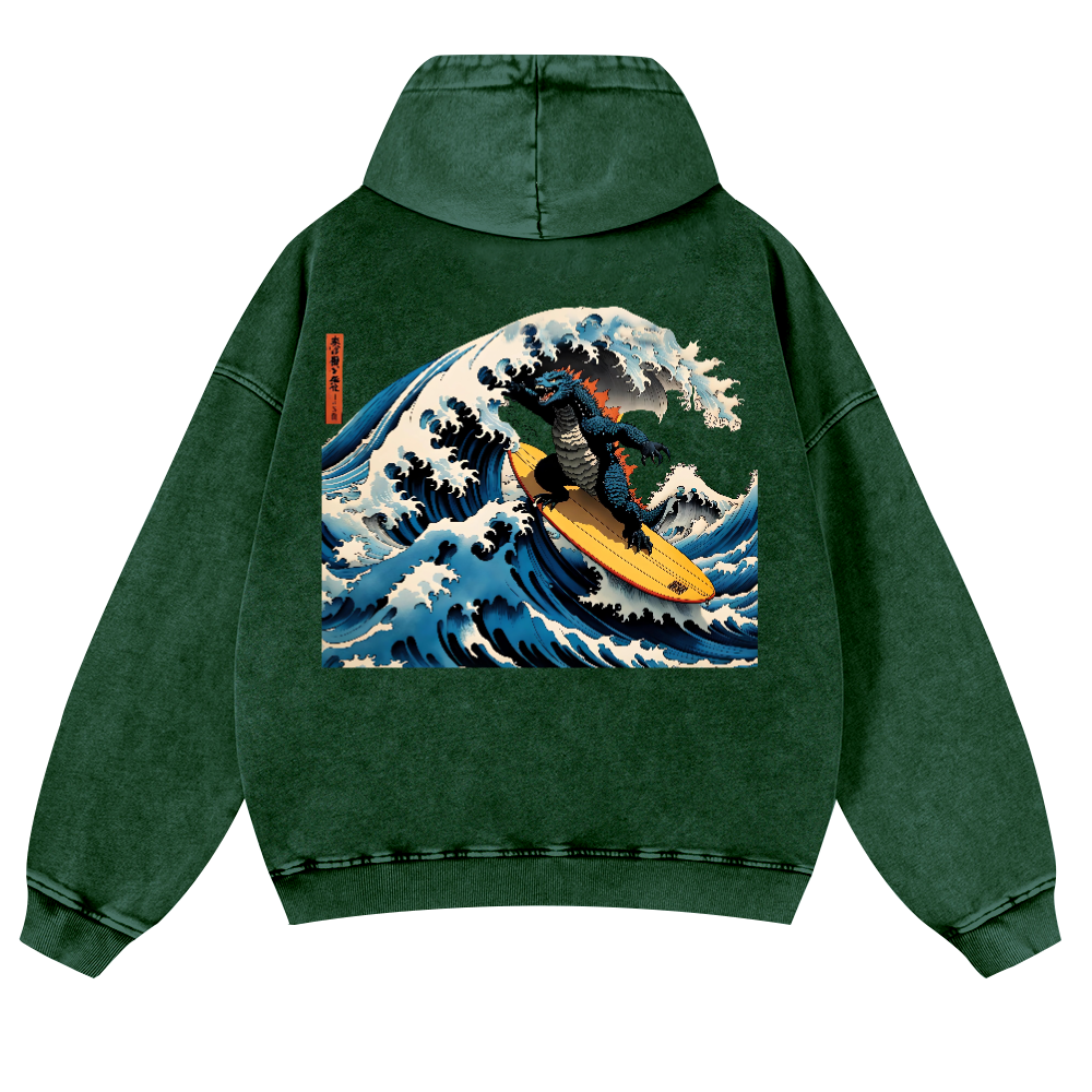 Kaiju Ukiyoe Wave Vintage Washed Cotton Back Art Hoodie