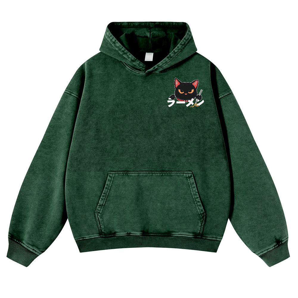 Ramen Black Cat Vintage Washed Cotton Back Art Hoodie