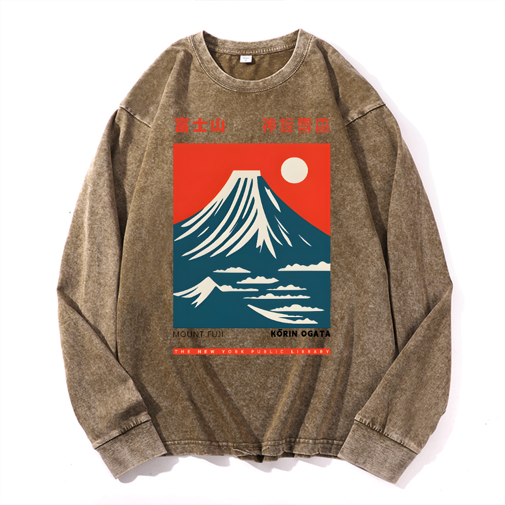 Mount Fuji Vintage Cotton Wash Crewneck Long-Sleeve T-Shirt