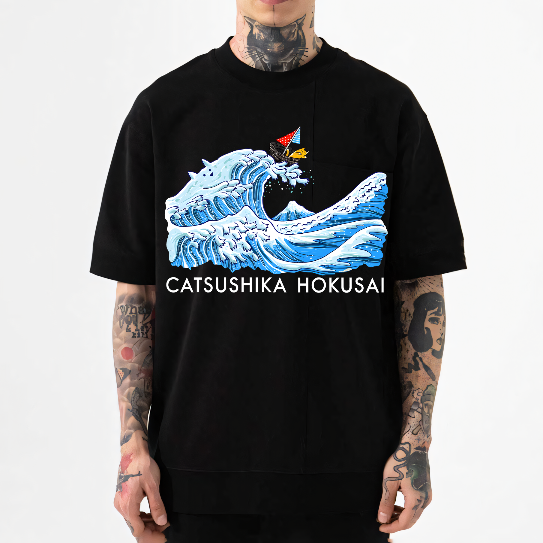 Catsushika Hokusai Cat Wave Japanese Style Classic Tee