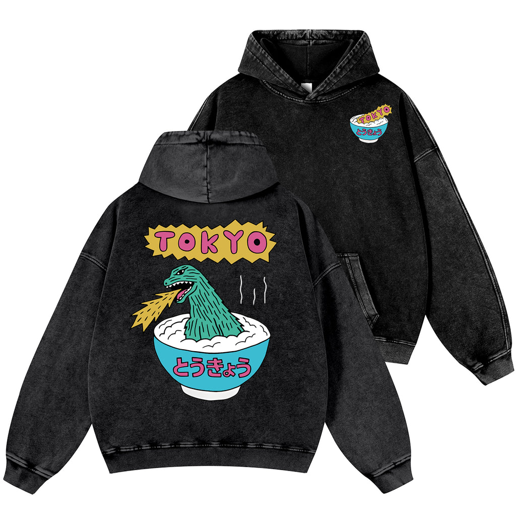 Kaiju The Monster Rice of Tokyo Vintage Washed Cotton Back Art Hoodie